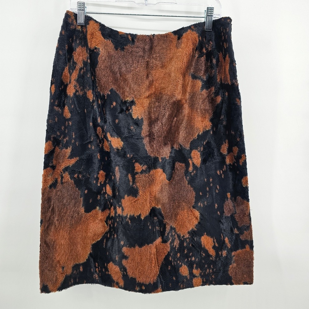 VTG Doncaster Pencil Skirt Women 12 Brown Black Cow Print Faux Fur Texture Lined